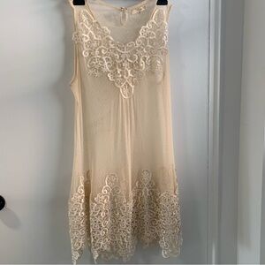 Ryu ivory lace Beige sheer Sleeveless Shift Mini Dress size 1XL